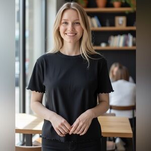 BP 2X Black Short Sleeve Tee Cropped Scalloped Edges Cotton Poly Blend